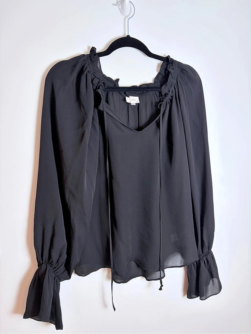 Parker Black 100% Silk Ruffle Tie-Neck Blouse XS